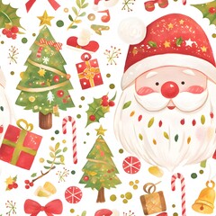 Seamless pattern with Santa Claus and gift boxes on background in cartoon watercolor style.