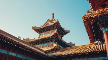 Naklejka premium Traditional Chinese architecture with pagodas and ornate roofs. No people, clear blue sky.