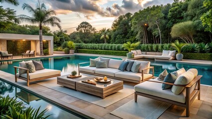 Warm afternoon sun casts a soft glow on modern luxury furniture, plush cushions, and tranquil pool amidst lush greenery, evoking feelings of serenity and rejuvenation.