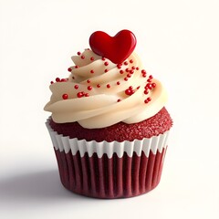Elegant Red Velvet Cupcake with Heart Shaped Sprinkle on Minimalist White Background
