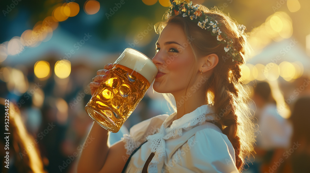 Wall mural Young woman enjoying oktoberfest with a beer at sunset, surrounded by a festive crowd in traditional bavarian tracht