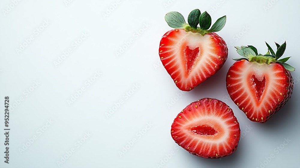 Poster fresh red strawberries with half slice isolated on white background top view flat lay : generative a