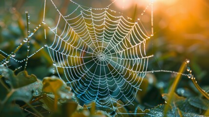 A web in the grass, on which dew drops glisten, creates an eerie atmosphere