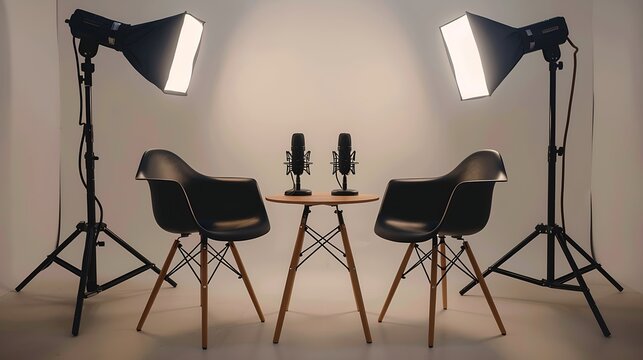 A minimalist studio setup with two chairs, a table and two microphones.