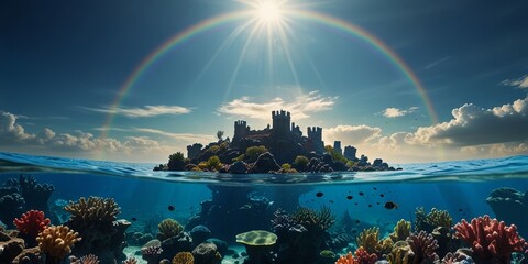 Enchanting anime-style illustration of a tropical paradise, featuring a crystal-clear ocean with colorful coral reefs, a lush green island, and a breathtaking sky filled with fluffy clouds.