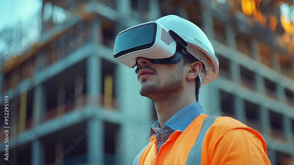 Poster engineer man with virtual reality glasses at construction site : generative ai