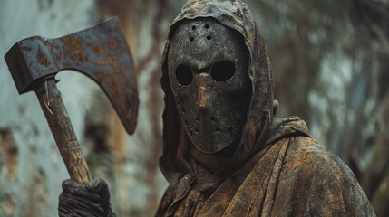 A man in a dark cloak with a rusty ax and a rusty metal mask embodies a terrifying aura. His fearsome appearance is emphasized by the rusty elements of his weapon and mask