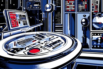 Futuristic Control Panel with Glowing Screens and Buttons in Sci Fi Environment
