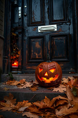 Obraz premium A carved pumpkin with a scary face, placed on a doorstep with fallen autumn leaves and a lit candle inside, casting an eerie glow.