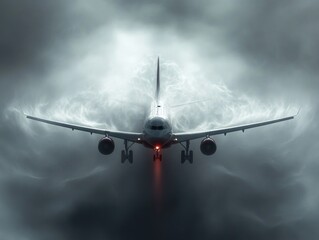 Aircraft Piercing Through Dense Fog Illuminated by Dramatic Lighting