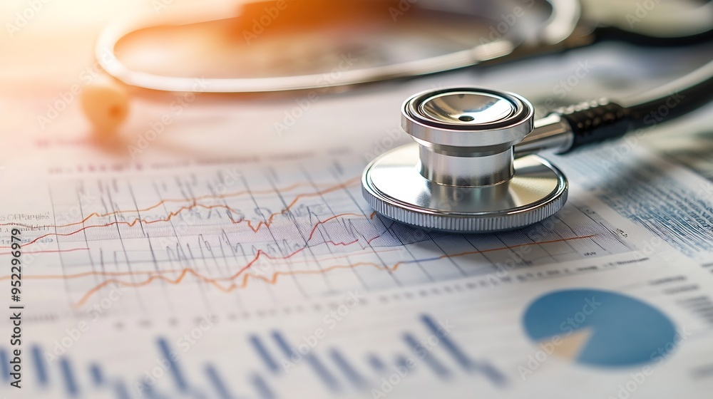 Aufkleber stethoscope and us dollar banknotes on chart or graph paper financial account statistics and busines