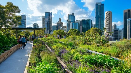 Fototapeta premium A vibrant green rooftop garden with lush vegetation and people walking, set against a backdrop of a modern city skyline.