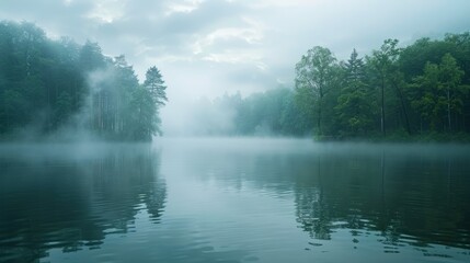 Fototapeta premium A foggy lake where trees silently disappear in a veil of thick haze