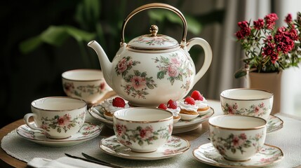 Fototapeta premium Elegant Traditional English Afternoon Tea Set with Fine China and Pastries