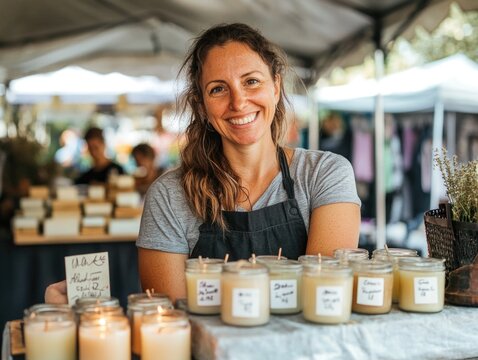 Smiling Woman Candle Vendor at Outdoor Market Stall Displaying Handmade Scented Candles - Powered by Adobe