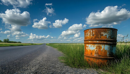 Obraz premium An abandoned rusty barrel stands by a rural road under a bright blue sky, surrounded by lush green grass and fluffy clouds.