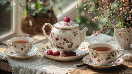 Fototapeta premium Elegant Traditional English Afternoon Tea Set with Teapot, Cups, and Scones on Tablecloth