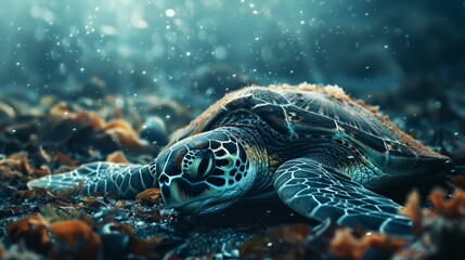 A sad dying turtle in a polluted ocean