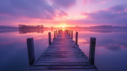 Obraz premium At the end of the pier, which overlooks the calm lake, there is a breathtaking view of the setting sun. The lilac-orange sky is reflected on the surface of the water, creating a fascinating picture