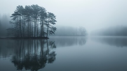 Fototapeta premium Dense fog creeps over the motionless surface of the lake, blurring the line between water and sky. The trees along the shoreline are barely visible through the fog