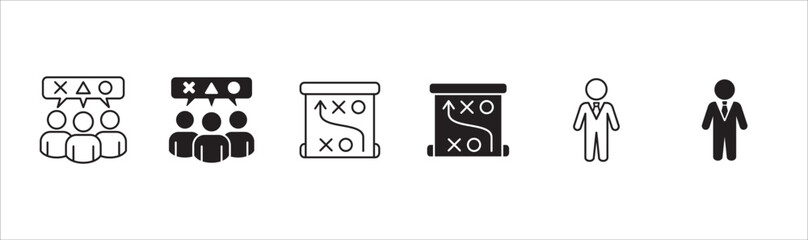 Business icon set. Contains icon or symbol of strategy, discussion, businessman, plan, idea, option. Vector illustration in thin line and flat solid design.