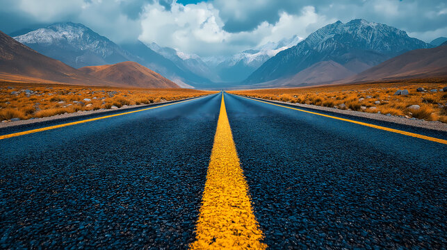 Empty Road Leading to Snowy Mountain Range