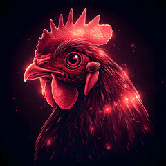Vibrant digital art of a chicken with glowing features and a cosmic background, showcasing a unique blend of color and style.
