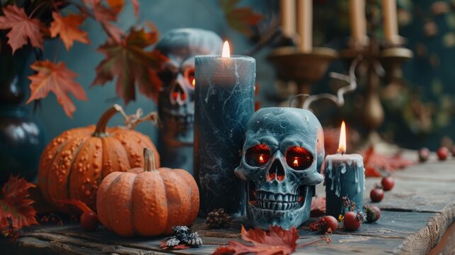 Halloween still life. skulls, pumpkins and candles. Halloween celebration concept