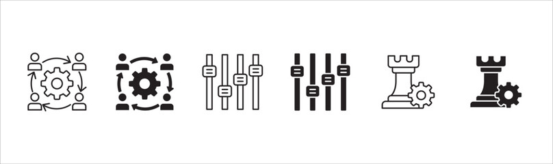 Business icon set. Contains icon or symbol of chart, teamwork, setting bar, option, rook. Vector illustration in thin line and flat solid design.