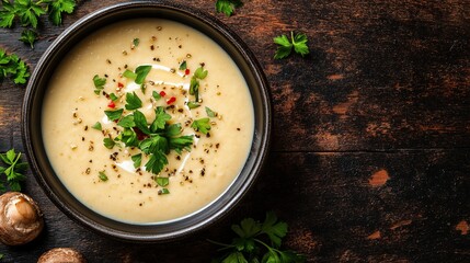 A hearty bowl of mushroom soup garnished with fresh herbs and cream, placed on a rustic wooden table with a warm background