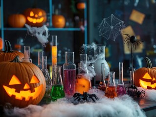 Spooky Halloween Laboratory with Glowing Pumpkins, Spiders, and Colorful Potion Bottles