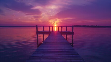 Obraz premium Jetty pier deck. sunset lake. purple and orange sky