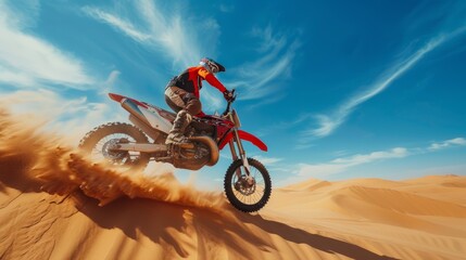 Teen stunt dirt bike extreme sports. sandy dunes in the blue sky desert