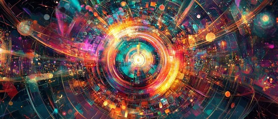 Obraz premium Vibrant digital composition with a large central focal point, surrounded by intricate abstract patterns and multi-colored elements
