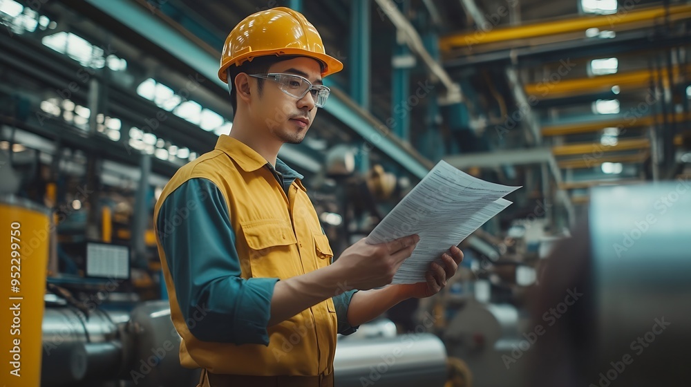 Wall mural Asian male engineer in plastic industry factory Looking at notes and making business plans checking inventory There are machines working all around Wear uniforms and helmets : Generative AI