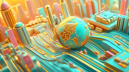 Futuristic global communication technology and digital finance concept with abstract 3D globe and circuit elements