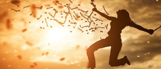 A silhouette of a person breaking free from chains, the shattered links flying into the air, symbolizing liberation and freedom
