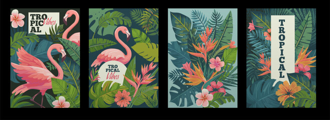 Watercolor summer flamingo. Tropical vibe. Palm leaves. Exotic flowers pattern. Abstract border. Pink birds. Natural brush greenery. Jungle foliage. Tourism banners set. Vector botanical backgrounds