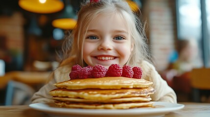 Little happy preschool girl with a large stack of pancakes and raspberries for breakfast Positive child eating healthy homemade food in the morning : Generative AI