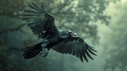 Naklejka premium A black raven soared in the sky, its wings spread out like shadows against the setting sun. Majestic and mysterious, it glided through the air like the embodiment of the night itself