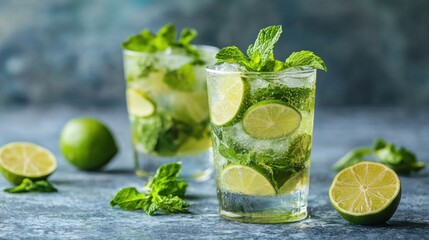 Fototapeta premium Refreshing Mojito Cocktail with Muddled Mint and Lime Garnish on a Summer Day