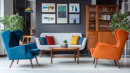 Orange and Blue Armchairs with a White Sofa Positioned Against a Wooden Cabinet in a Scandinavian Interior. Modern Living Room Design Featuring Bold Colors and Sleek, Contemporary Elements.