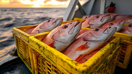 Obraz premium Close-up of freshly caught fish in yellow crates, showcasing vibrant colors and the essence of marine life on a fishing boat.