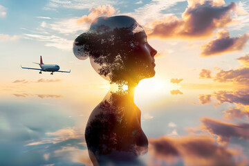 Silhouette profile with airplane and sunset in double exposure.