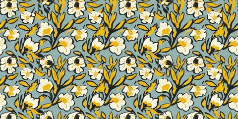 Modern printed fabric flower block print pattern with linen texture effect. Stylized boho dark floral for chic fashion background motif border design.