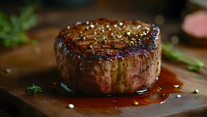 A perfectly seared steak with a rich glaze, garnished with herbs, showcasing mouthwatering texture and flavor.