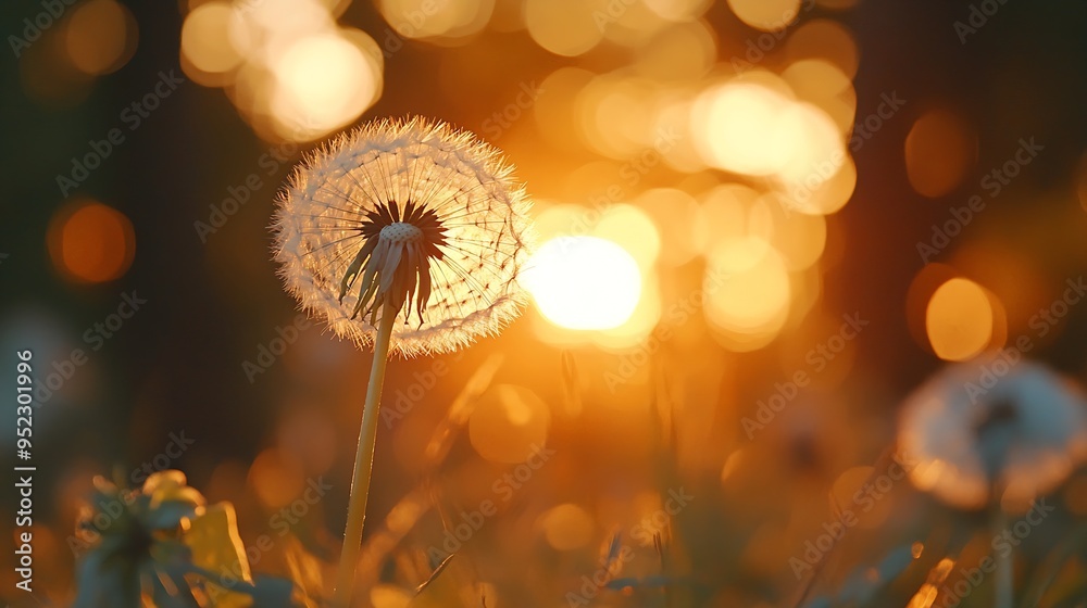 Aufkleber White dandelion in a forest at sunset Macro image shallow depth of field Abstract summer nature background : Generative AI