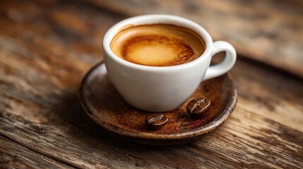 Obraz premium Authentic Italian Espresso served in a Small Ceramic Cup on Wooden Table