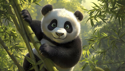 Fototapeta premium A cute panda climbing bamboo in a vibrant forest, showcasing the charm and beauty of wildlife in its natural habitat.