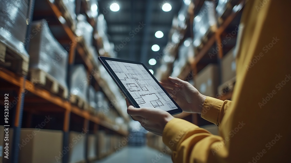 Poster hands architect and tablet for blueprint in logistics warehouse for building design and expansion co